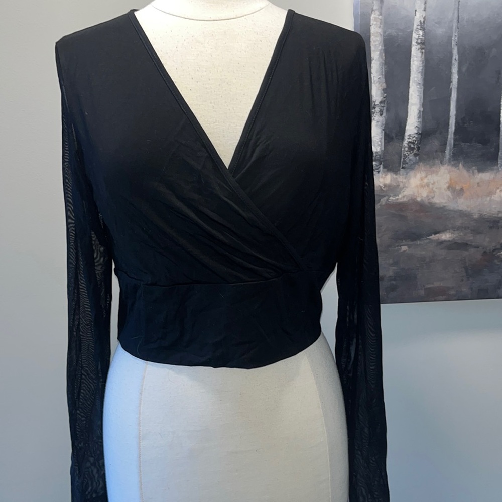 NWT black crop plunge neck top with mesh sleeves